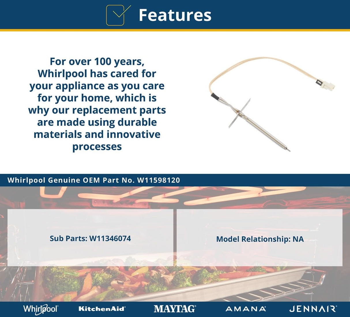 Whirlpool W11598120 Genuine OEM Wall Oven Temperature Sensor