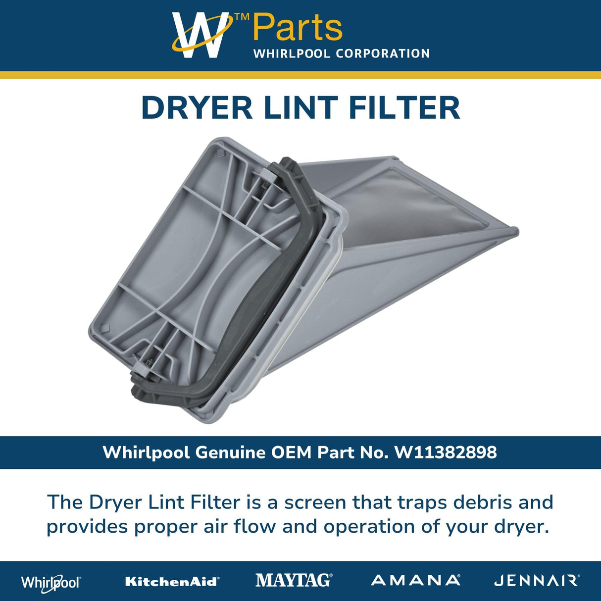 Whirlpool W11382898 Genuine OEM Dryer Lint Filter Replacement Part - Replaces W11368867, W10716911, W10716908, and more