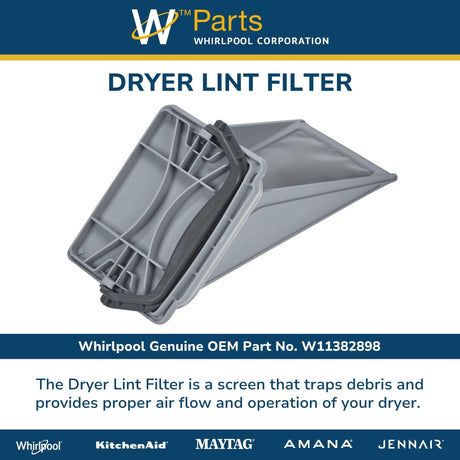 Whirlpool W11382898 Genuine OEM Dryer Lint Filter Replacement Part - Replaces W11368867, W10716911, W10716908, and more
