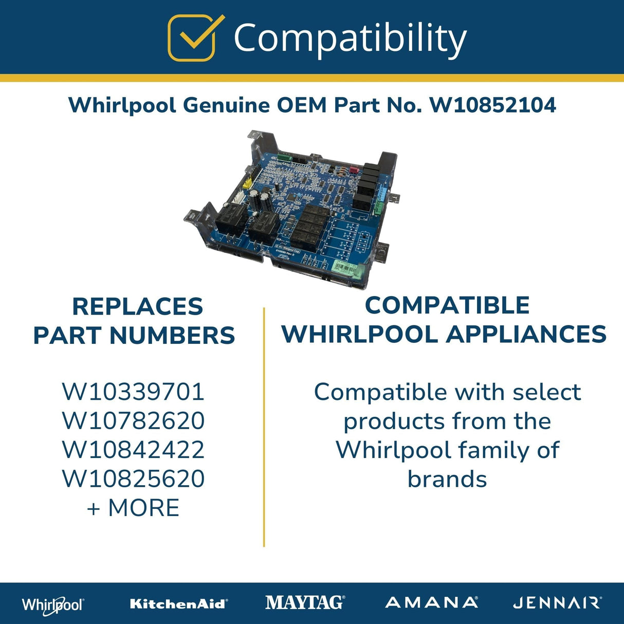 Whirlpool W10852104 Genuine OEM Range Oven Control Board Replacement Part - Replaces W10339701, W10782620, W10842422, and W10825620