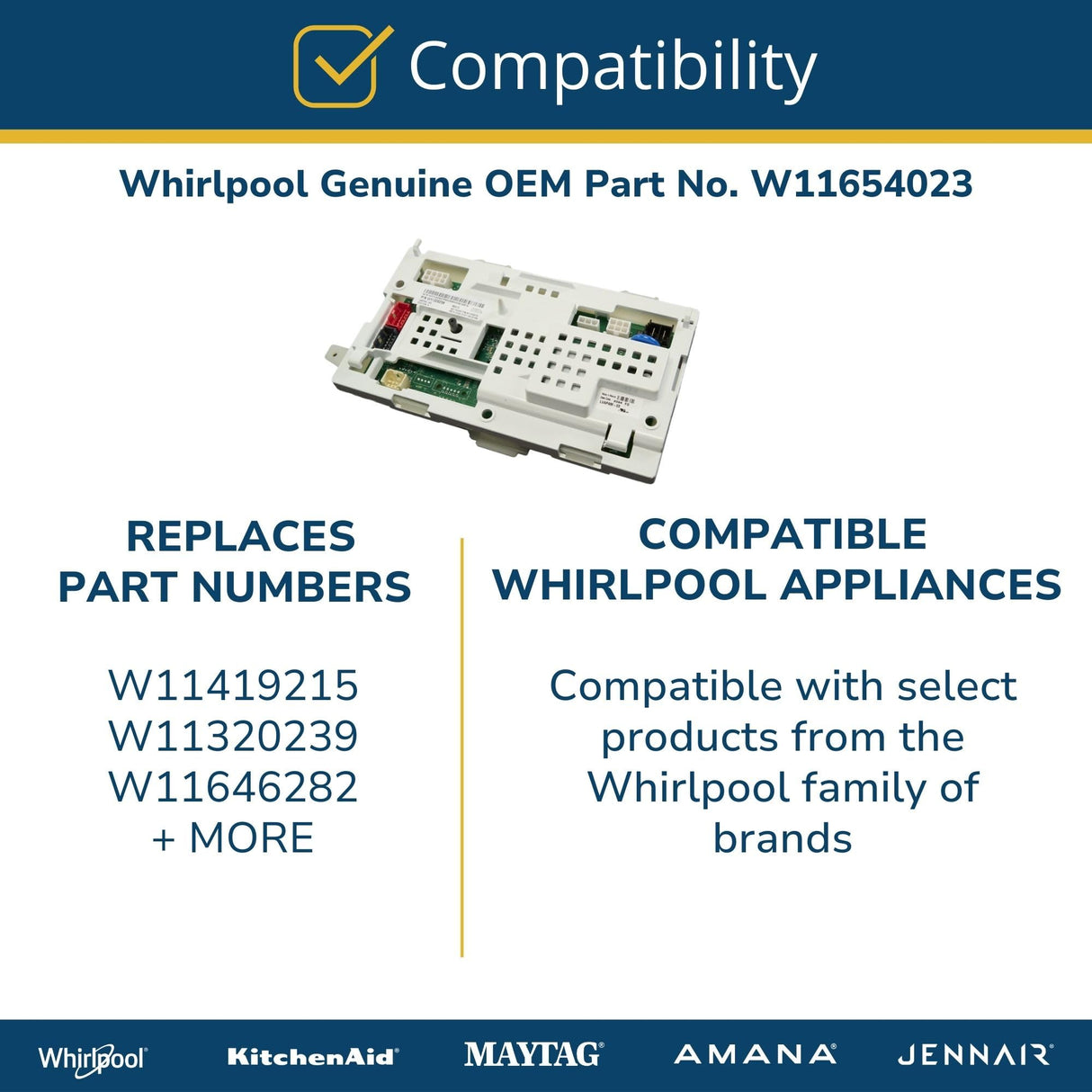 Whirlpool W11654023 Genuine OEM Washer Control Board Replacement Part - Replaces W11419215, W11320239, and W11646282