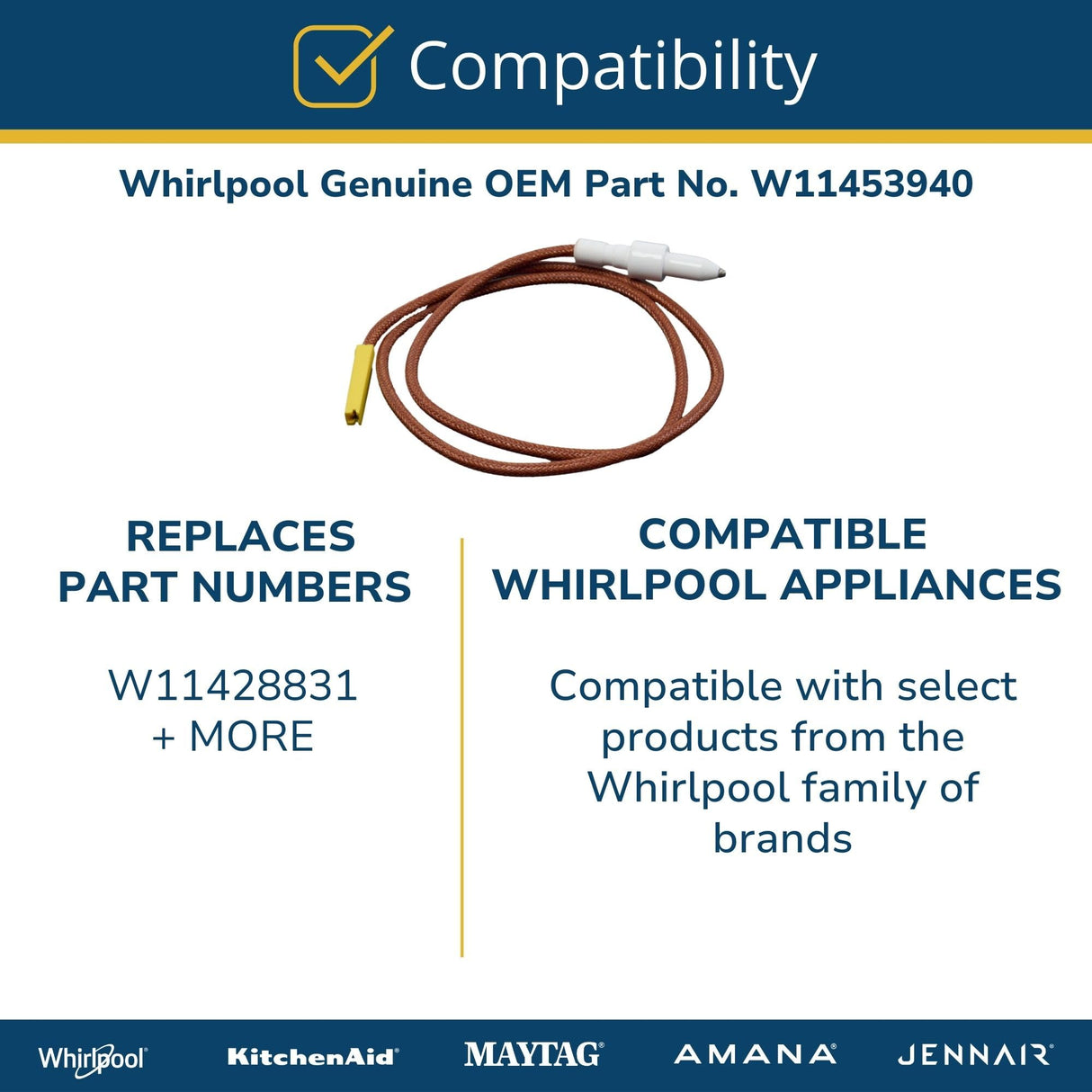Whirlpool W11453940 Genuine OEM Gas Range Surface Igniter Replacement Part - Replaces W11428831