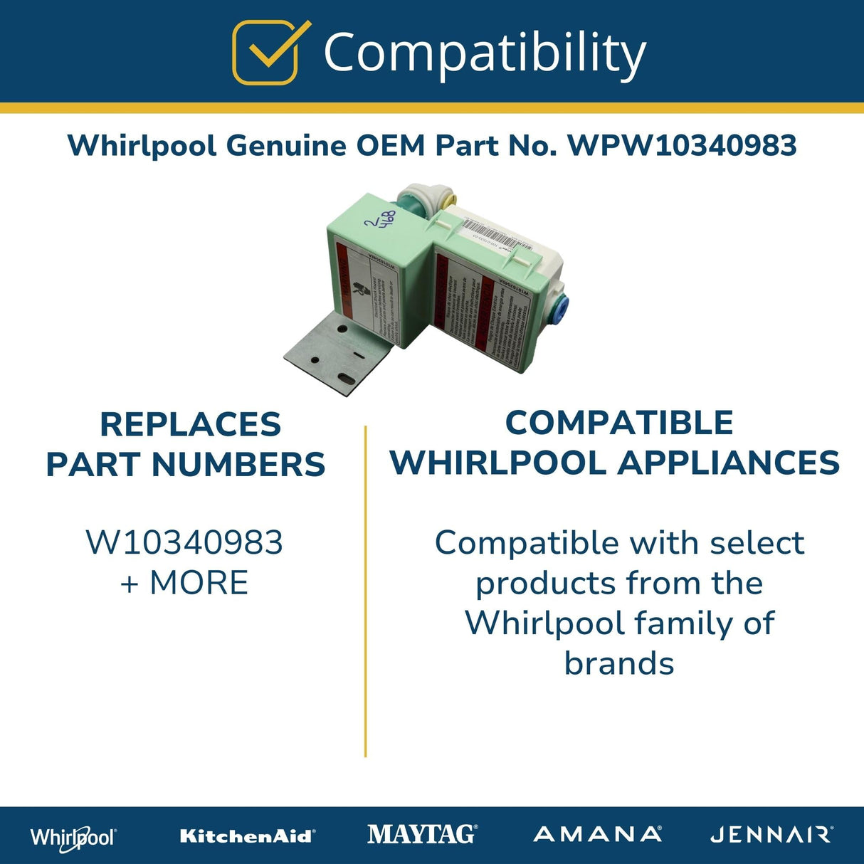 Whirlpool WPW10340983 Genuine OEM Refrigerator Water Inlet Valve Replacement Part - Replaces W10340983