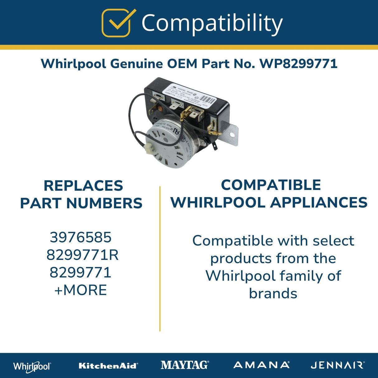 Whirlpool WP8299771 Genuine OEM Dryer Timer Replacement Part - Replaces 3976585, 8299771R, and 8299771