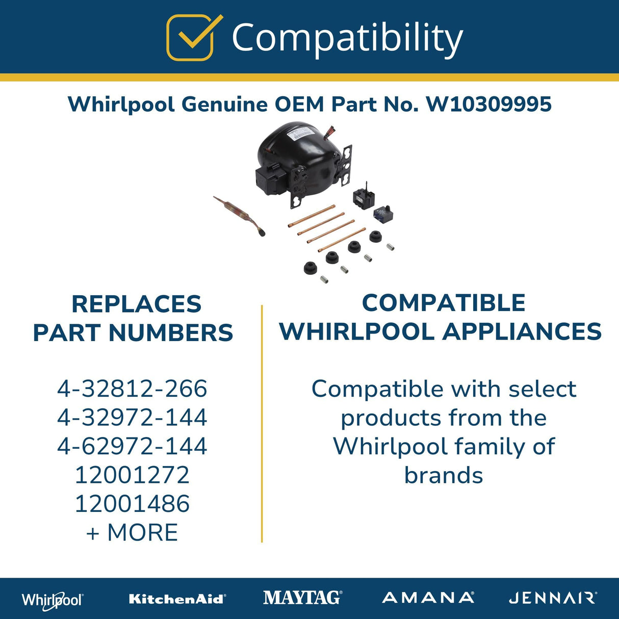 Whirlpool W10309995 Genuine OEM Refrigerator & Freezer Compressor Replacement Part - Replaces 4-32812-266, 4-32972-144, 4-62972-144, and more