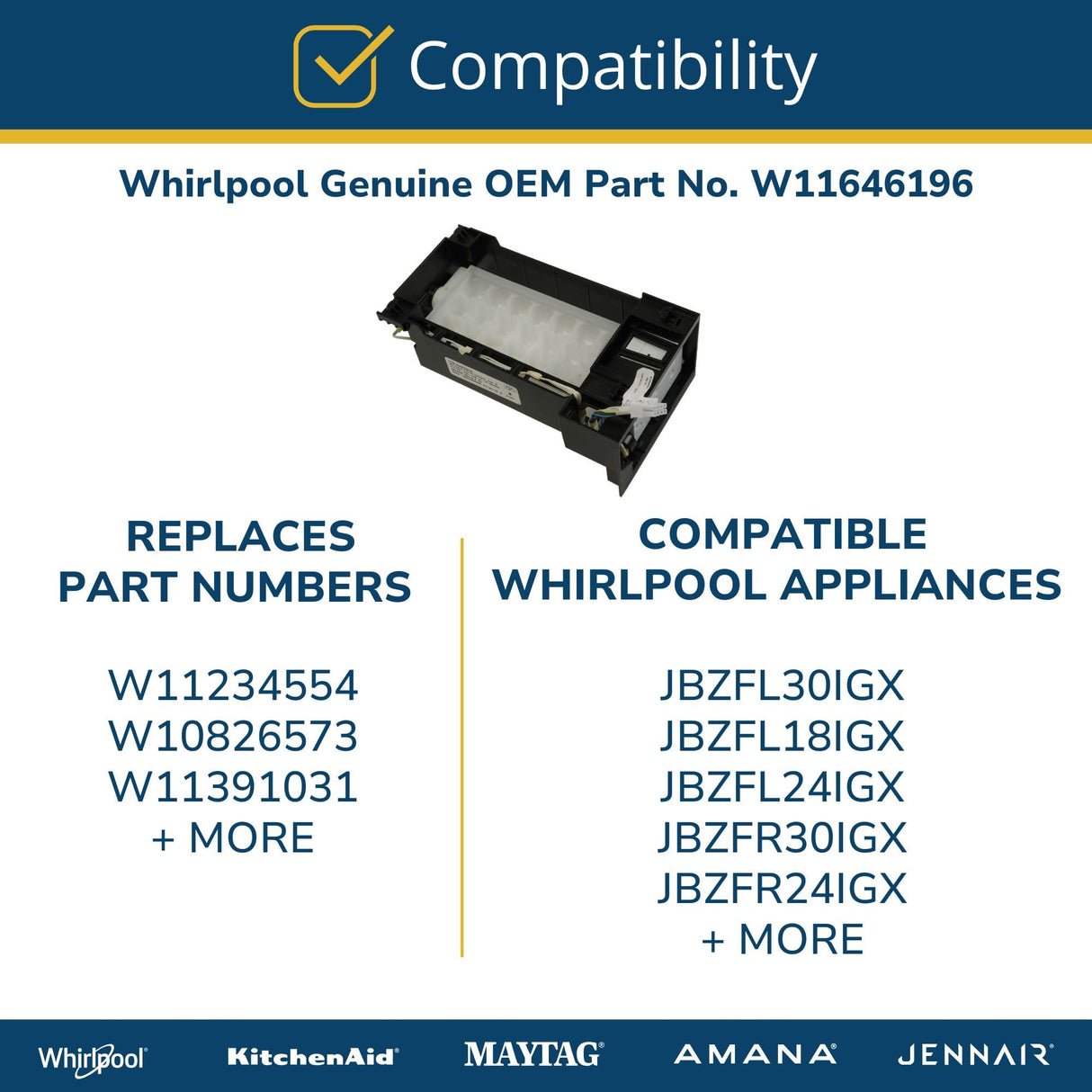 Whirlpool W11646196 Genuine OEM Freezer Ice Maker Fill Tube Heater