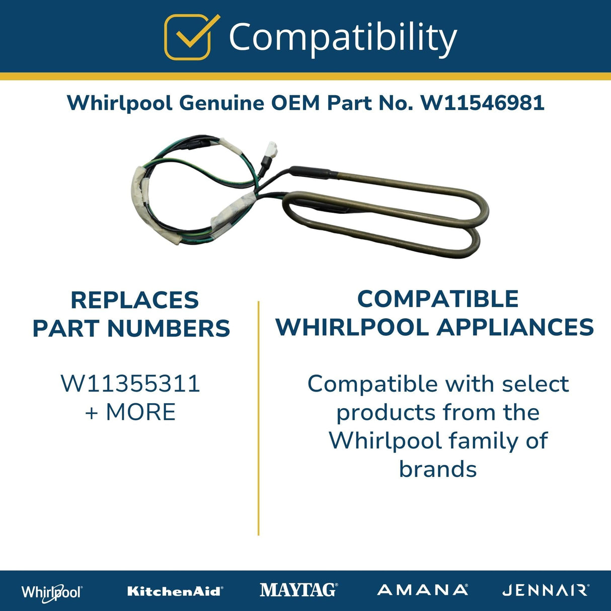 Whirlpool W11546981 Genuine OEM Refrigerator Defrost Heater Element Replacement Part - Replaces W11355311