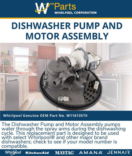 Whirlpool W11613570 Genuine OEM Dishwasher Pump and Motor Assembly