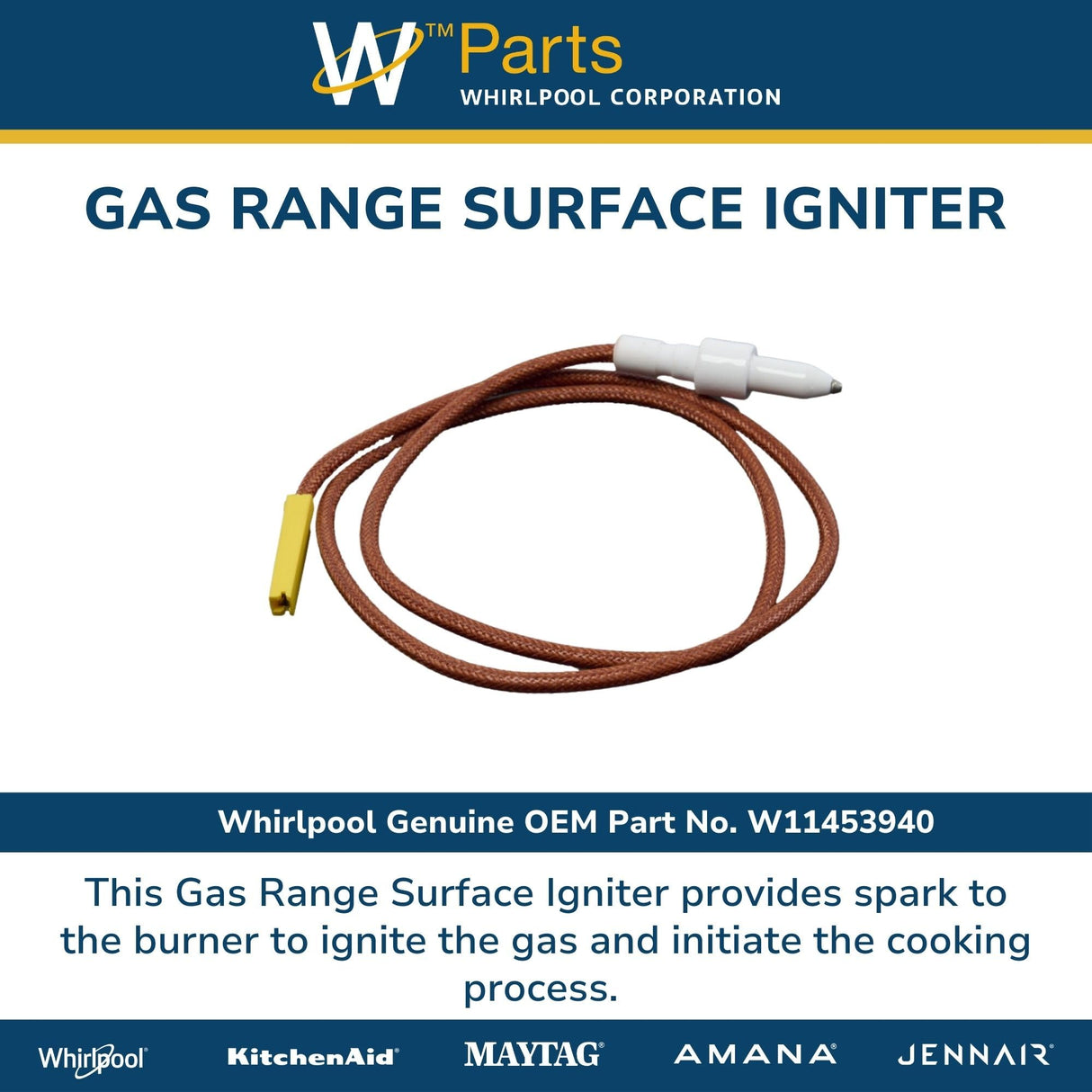 Whirlpool W11453940 Genuine OEM Gas Range Surface Igniter Replacement Part - Replaces W11428831