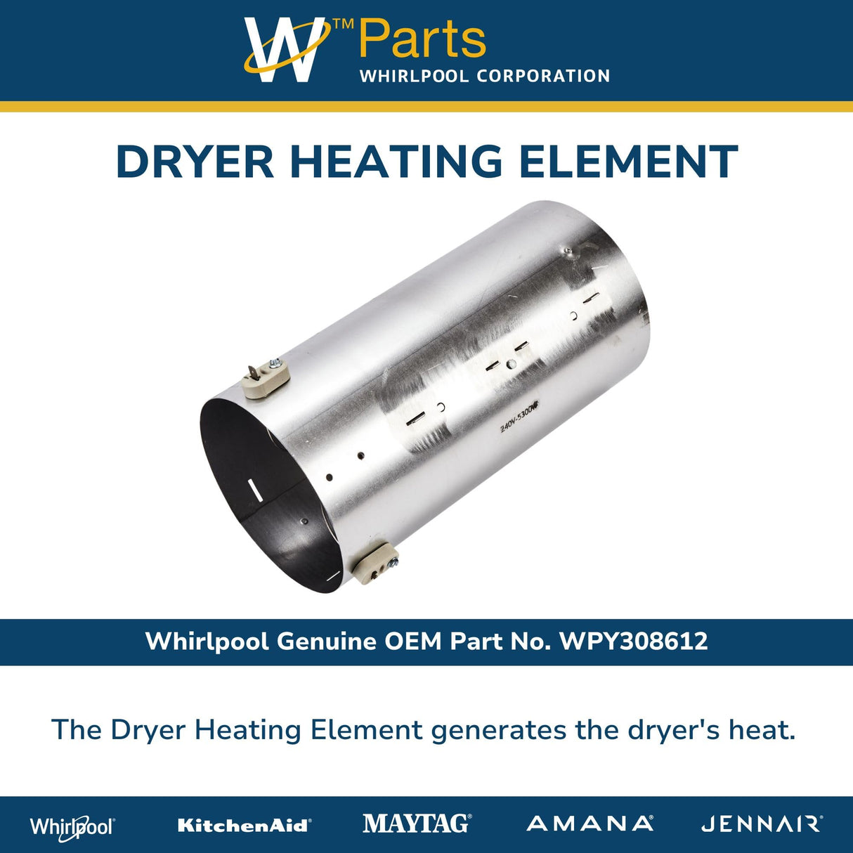 Whirlpool WPY308612 Genuine OEM Dryer Heating Element Replacement Part - Replaces 307184 and Y308612