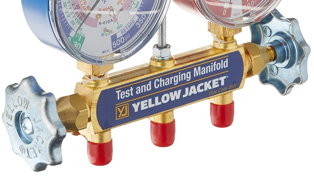Yellow Jacket 42001 Manifold with 3-1/8" Color-Coded Gauges, psi, R-22/404A/410A (Clamshell)