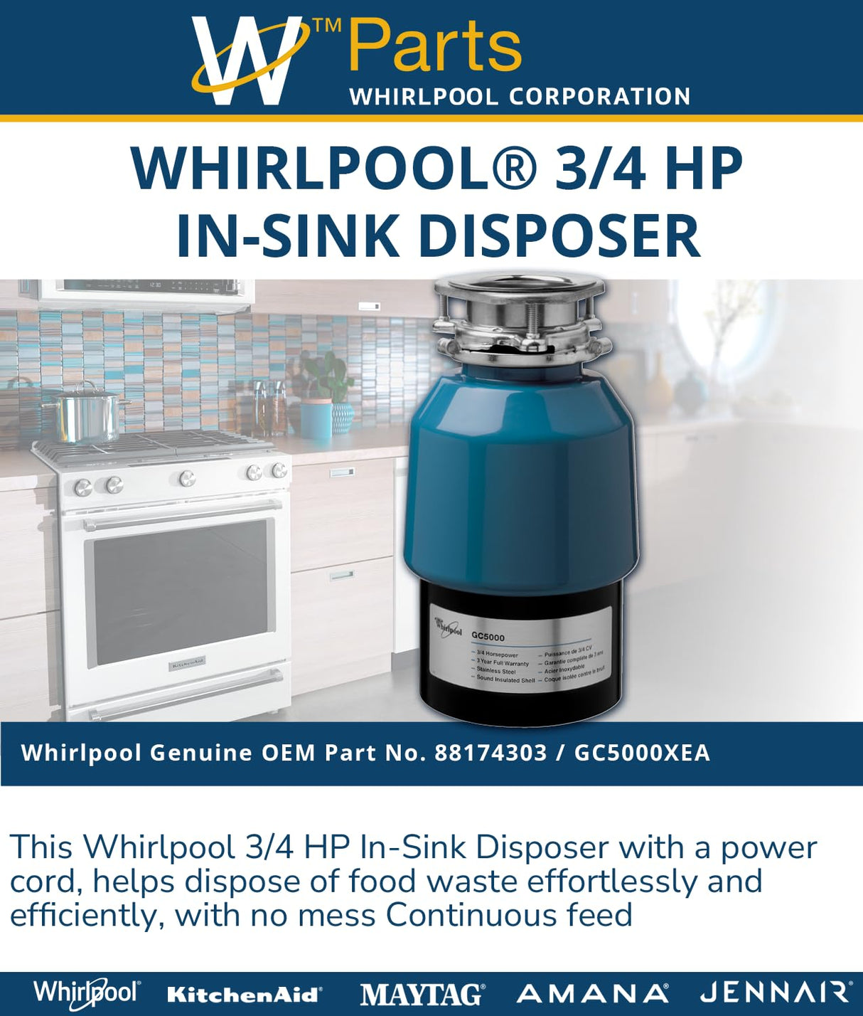 Whirpool 88174303 3/4 HP in-Sink Food Disposer, Black