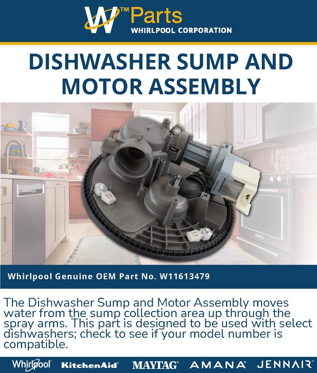 Whirlpool W11613479 Genuine OEM Dishwasher Sump and Motor Assembly