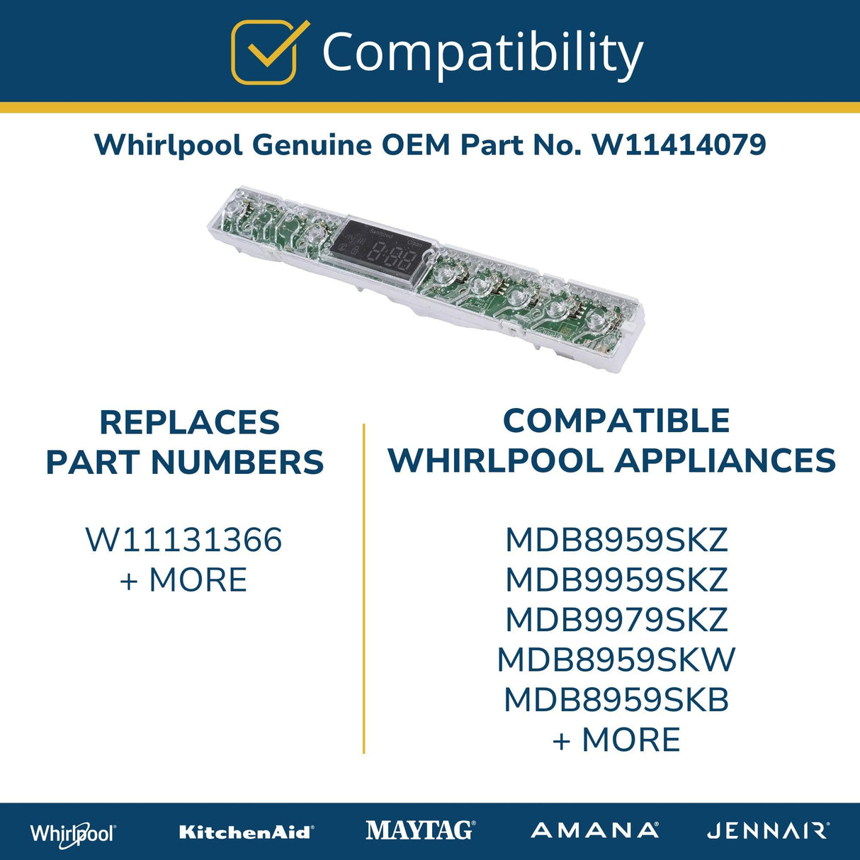 Whirlpool W11414079 Genuine OEM Dishwasher User Control and Display Board