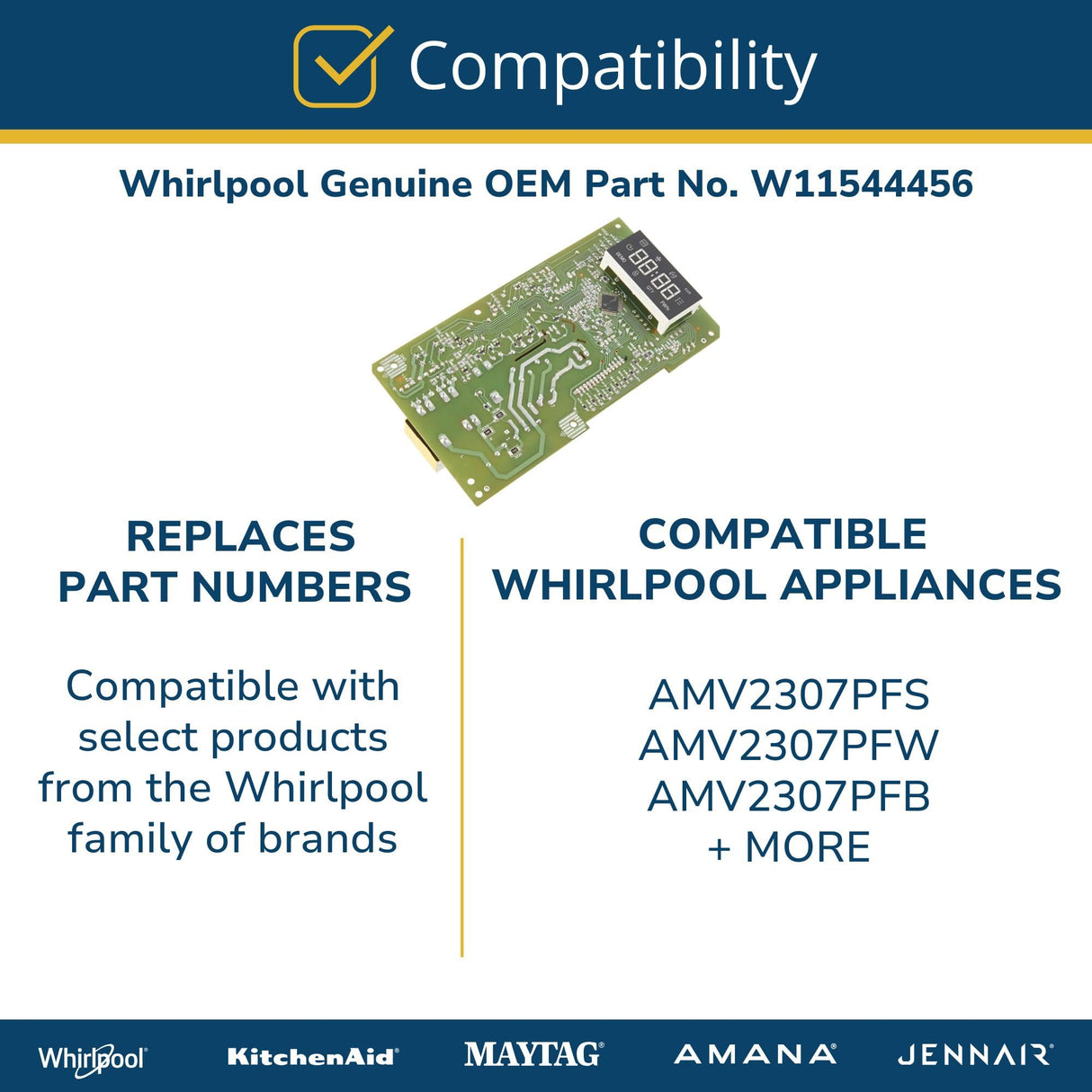 Whirlpool W11544456 OEM Microwave Control Board Replacement Part, Multicolor