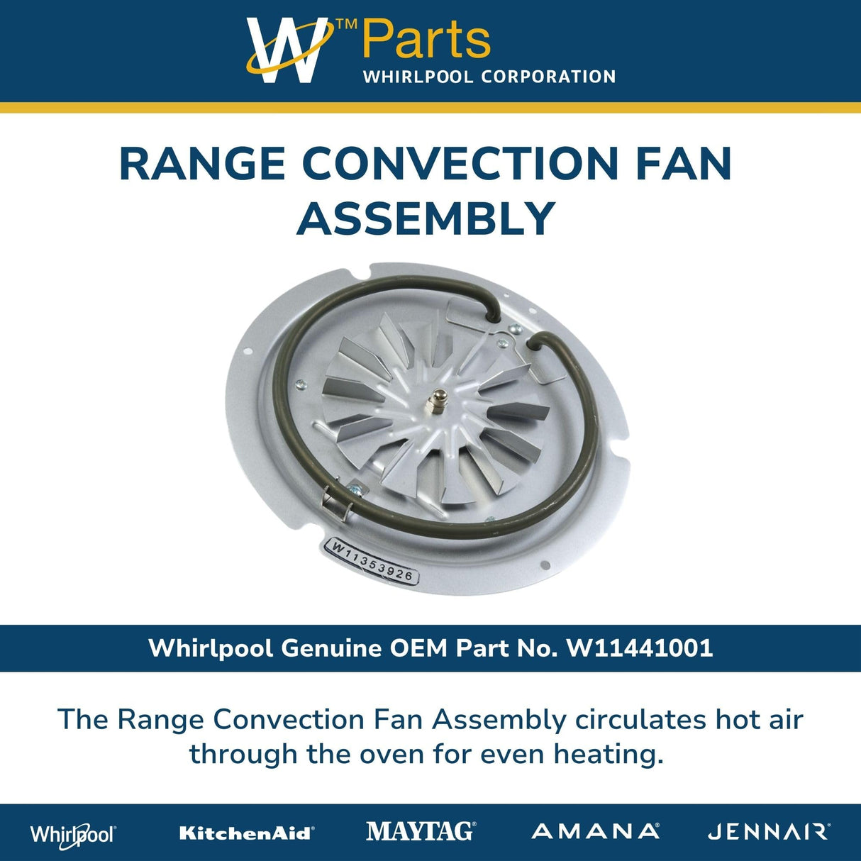 Whirlpool W11441001 Genuine OEM Range Convection Fan Assembly Replacement Part - Replaces W10617484, W11048093, W10874477, and more