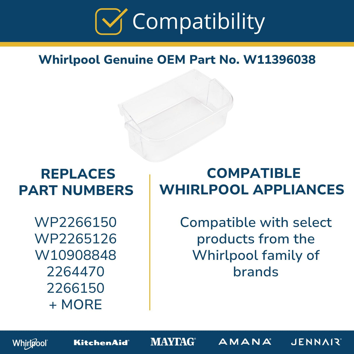 Whirlpool W11396038 Genuine OEM Refrigerator Door Shelf Bin Replacement Part - Replaces WP2266150, WP2265126, W10908848, and more