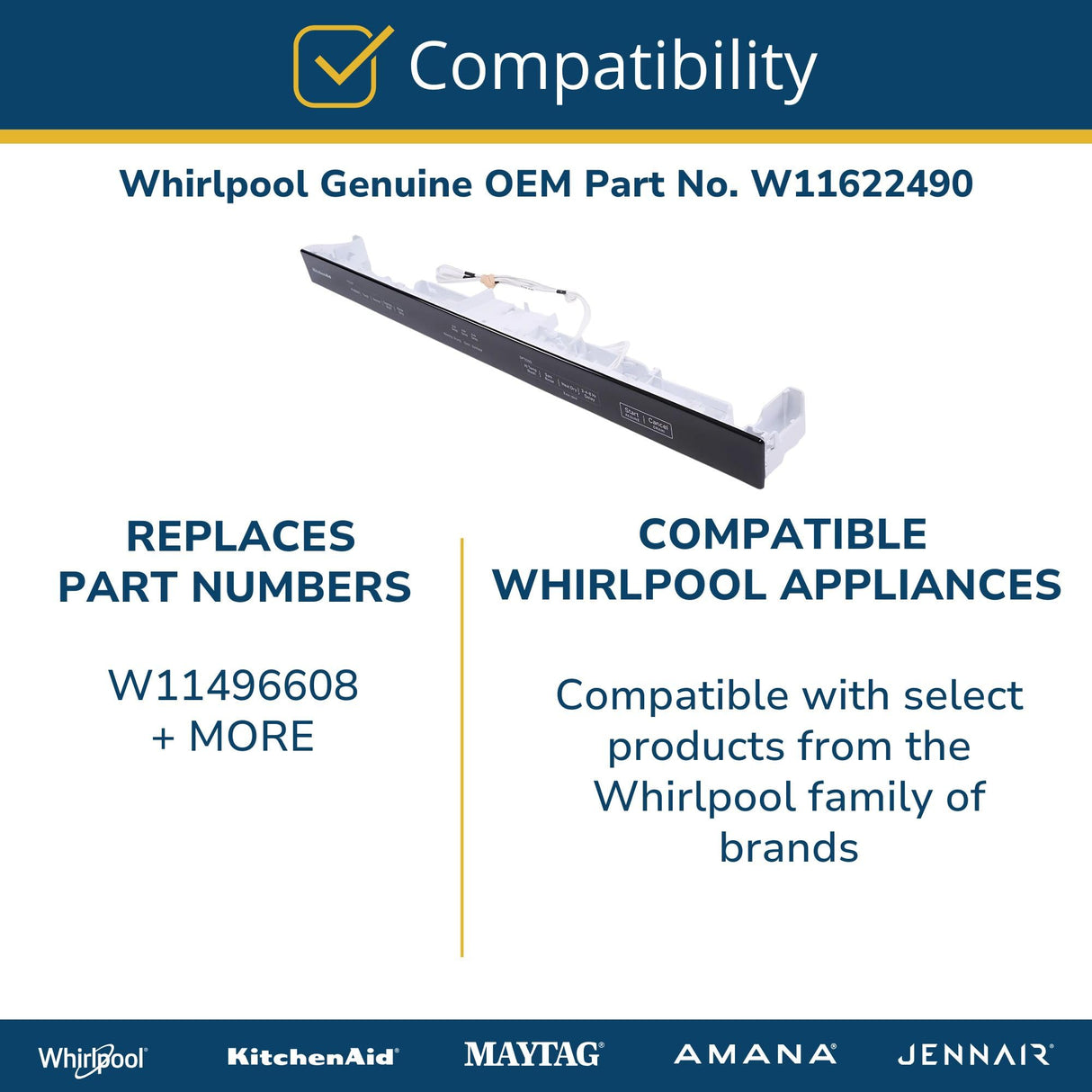 Whirlpool W11622490 Genuine OEM Dishwasher Control Panel