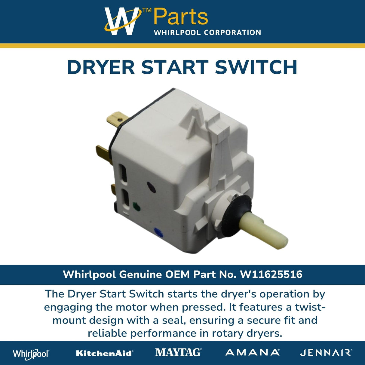 Whirlpool W11625516 Genuine OEM Dryer Start Switch Replacement Part - Replaces W11566917
