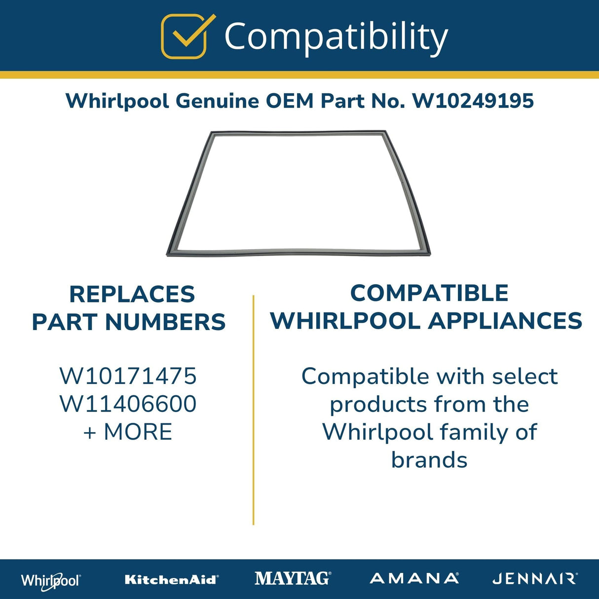 Whirlpool W10249195 Genuine OEM Refrigerator Door Gasket Replacement Part - Replaces W10171475 and W11406600