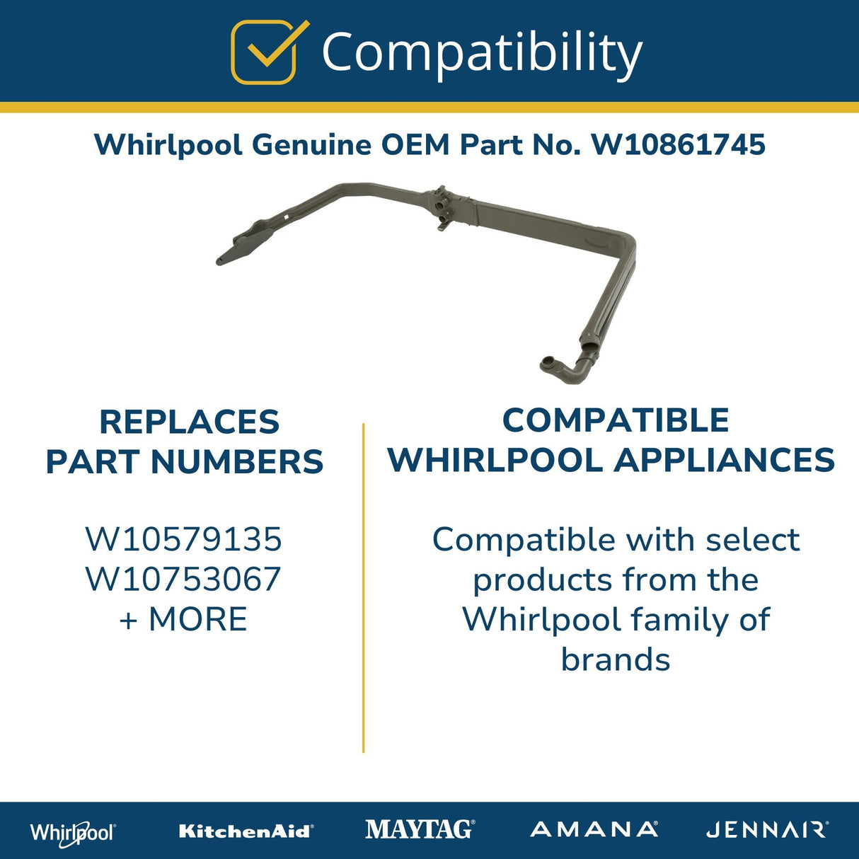 Whirlpool W10861745 OEM Dishwasher Water Supply Tube