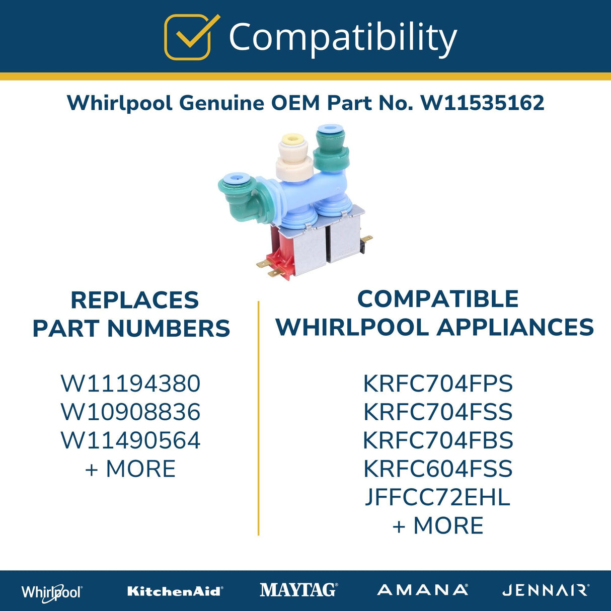 Whirlpool W11535162 Genuine OEM Refrigerator Water Inlet Valve