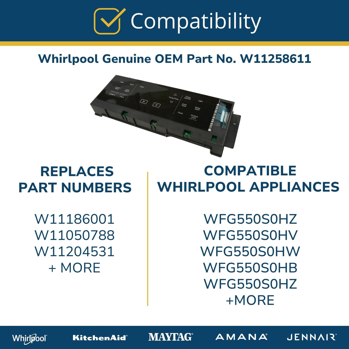 Whirlpool W11258611 Genuine OEM Range Oven Control Panel Assembly