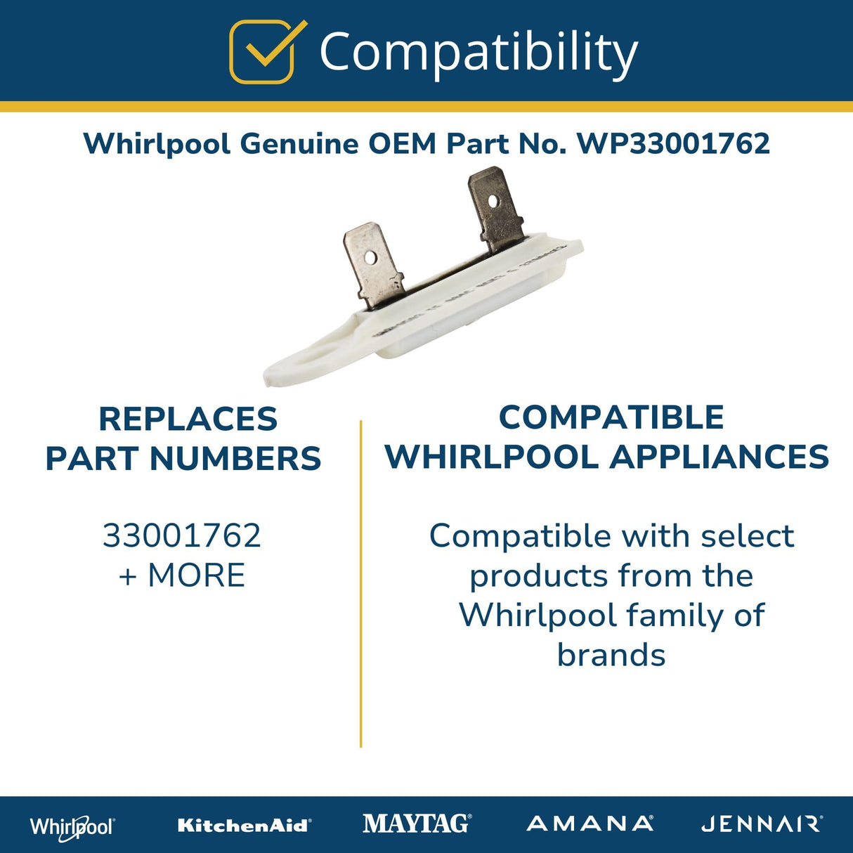 Whirlpool WP33001762 Genuine OEM Dryer Thermal Fuse Replacement Part - Replaces 33001762