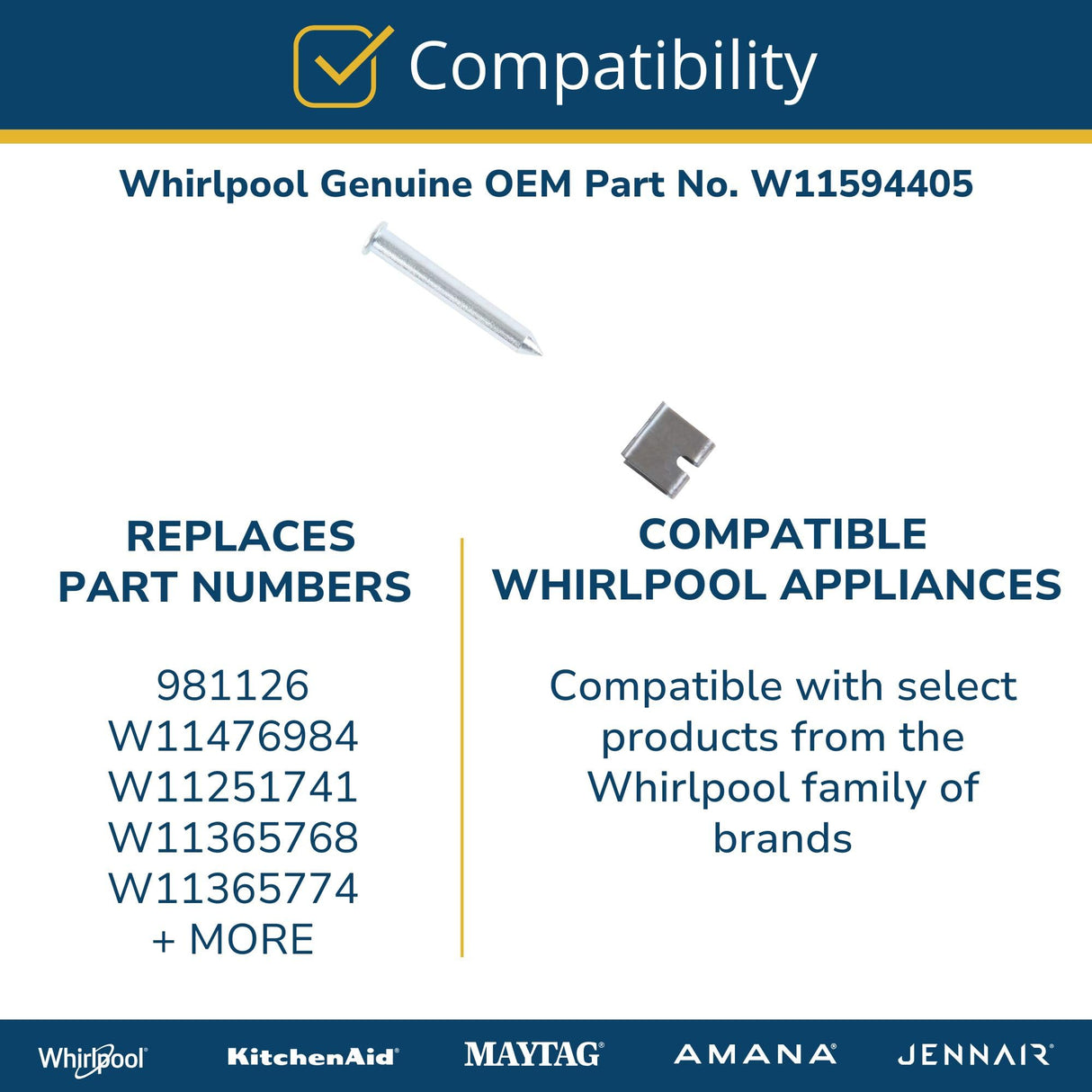 Whirlpool W11594405 Genuine OEM Refrigerator Roller Wheel Axle Clip