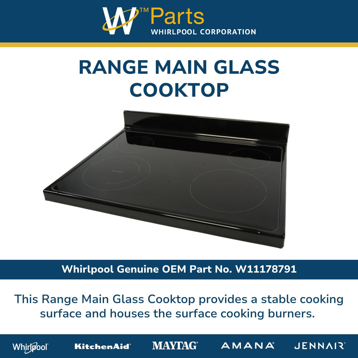 Whirlpool W11178791 OEM Range Main Glass Cooktop, Black