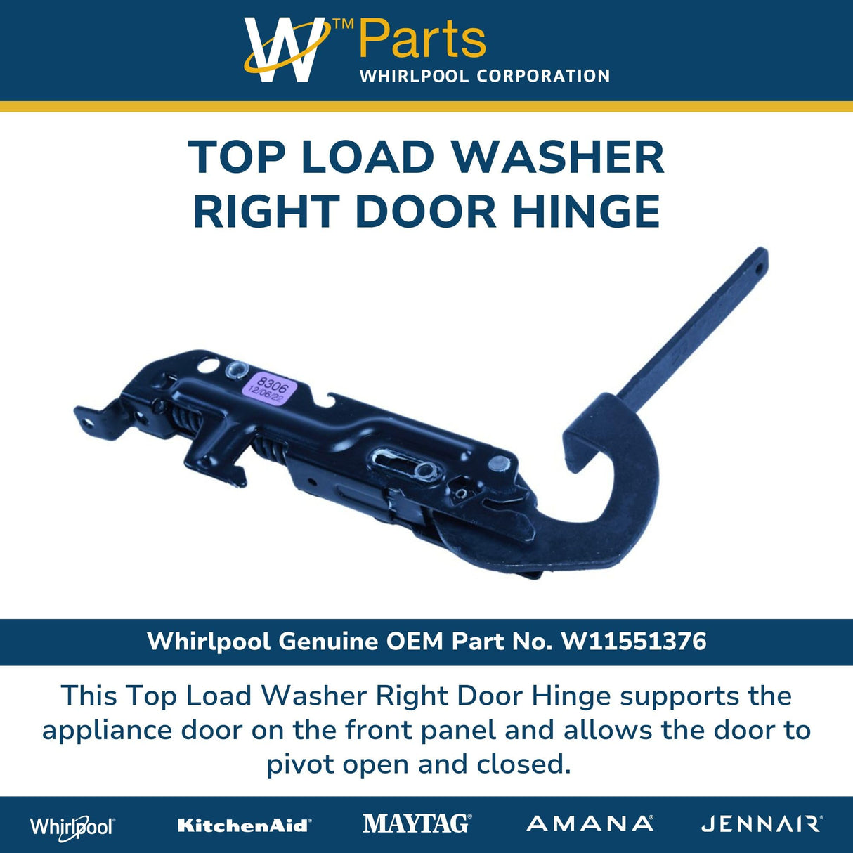 Whirlpool W11551376 Genuine OEM Top Load Washer Right Door Hinge Replacement Part