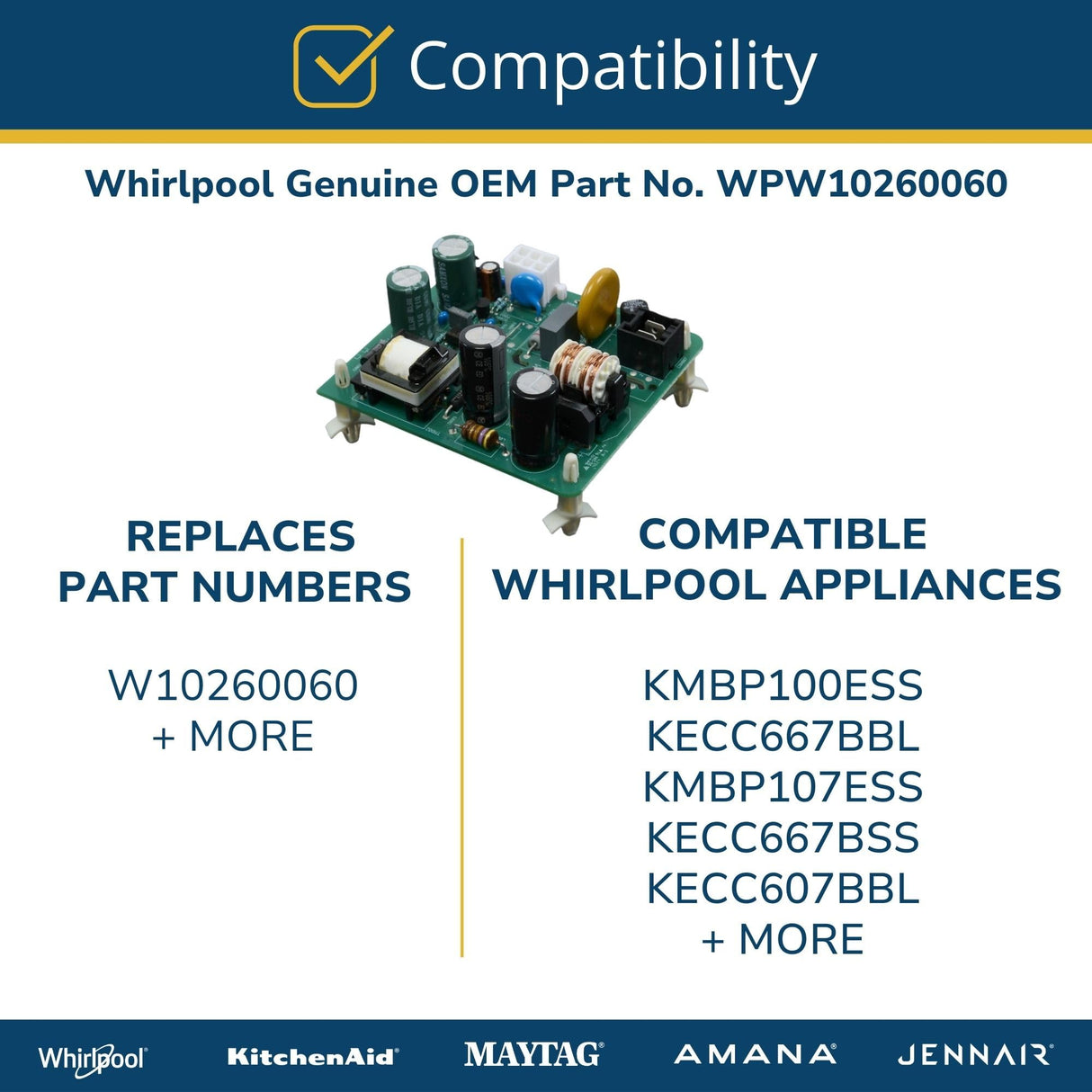 Whirlpool WPW10260060 Genuine OEM Built-in Combination Oven Power Supply Board Replacement Part - Replaces W10260060