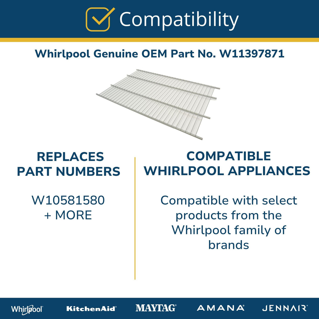 Whirlpool W11397871 OEM Freezer Wire Shelf, Silver