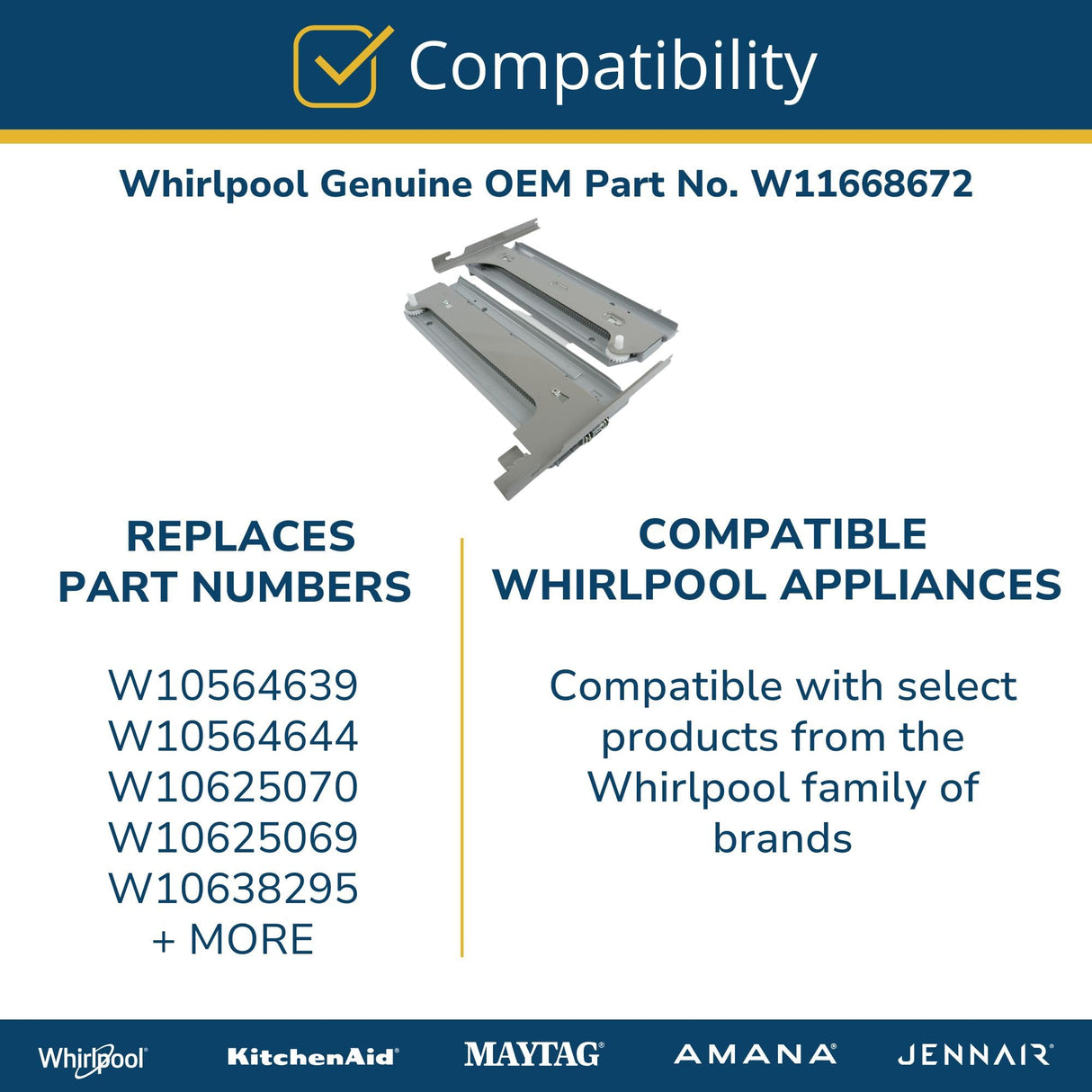 Whirlpool W11668672 Genuine OEM Refrigerator Drawer Slide Rail Replacement Part - Replaces W10564639, W10564644, W10625070, and more