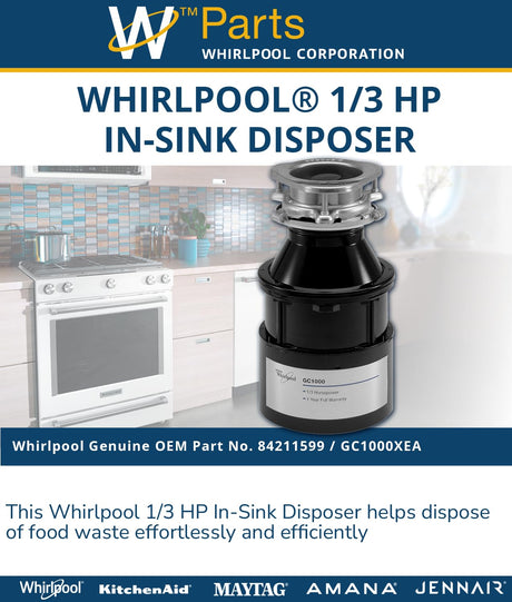 Whirlpool 84211599 1/3 HP in-Sink Food Disposer, Black