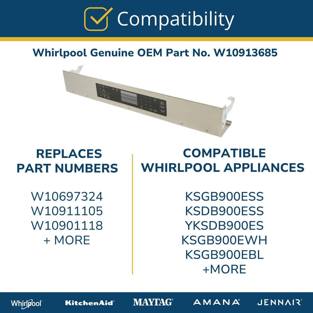 Whirlpool W10913685 Genuine OEM Range Control Panel Assembly Replacement Part - Replaces W10697324, W10911105, and W10901118