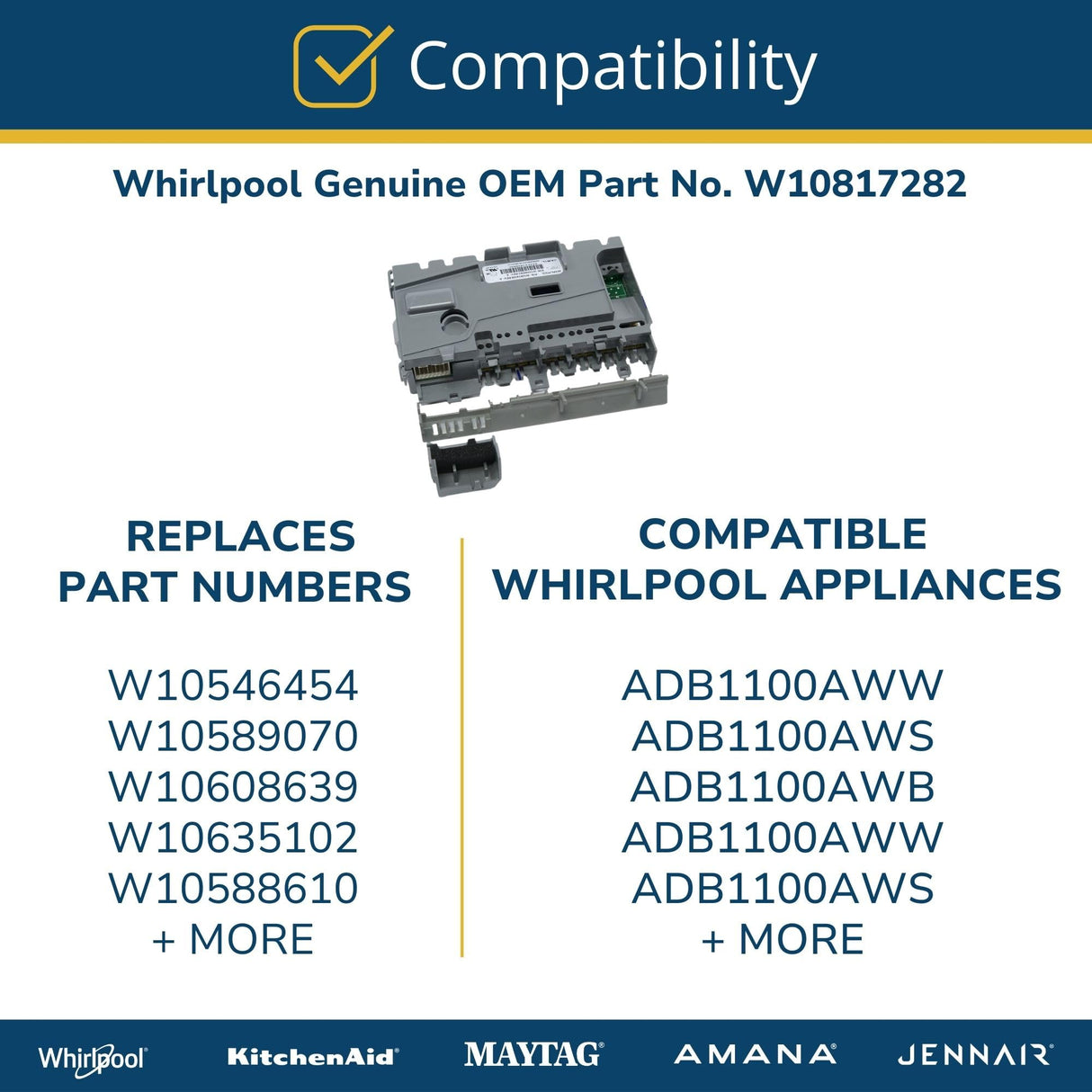 Whirlpool W10817282 Genuine OEM Dishwasher Control Board Replacement Part - Replaces W10546454, W10589070, W10608639, and more