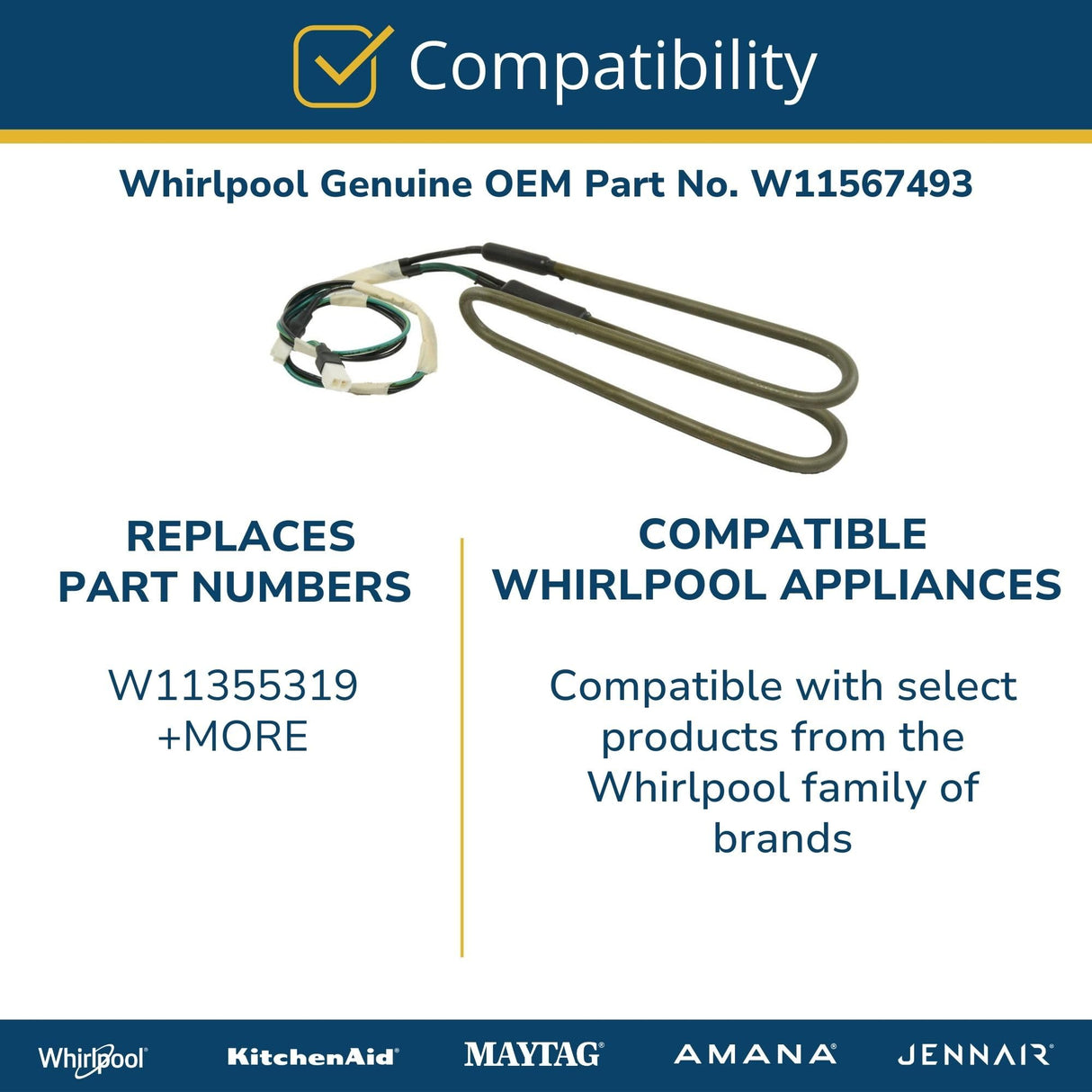 Whirlpool W11567493 Genuine OEM Refrigerator Defrost Heater Element Replacement Part - Replaces W11355319