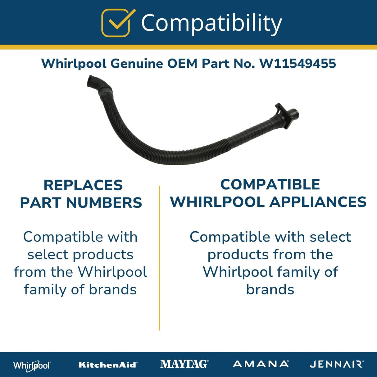 Whirlpool W11549455 Genuine OEM Washer Internal Drain Hose Replacement Part