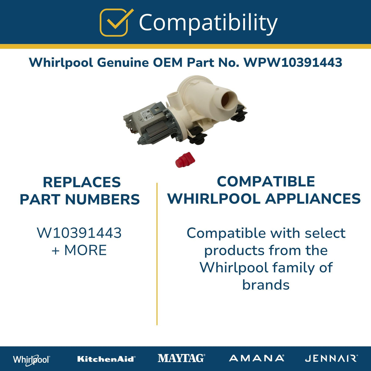 Whirlpool WPW10391443 Genuine OEM Washer Drain Pump