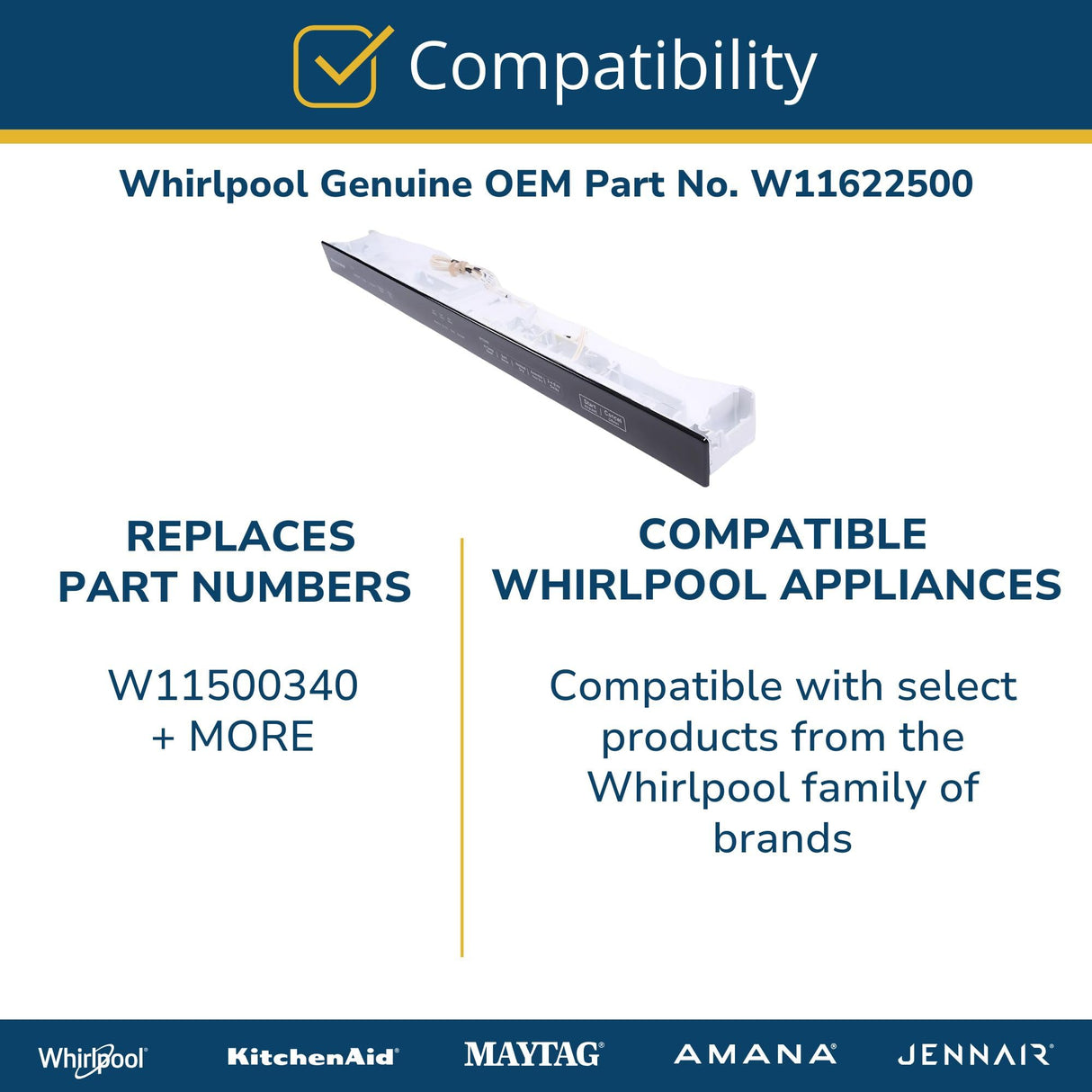 Whirlpool W11622500 Genuine OEM Dishwasher Control Panel