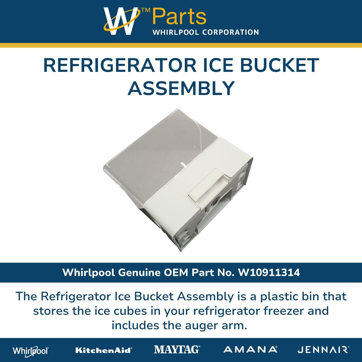 Whirlpool W10911314 Genuine OEM Refrigerator Ice Bucket Assembly Replacement Part - Replaces W10903433, W10903433, and W10677619