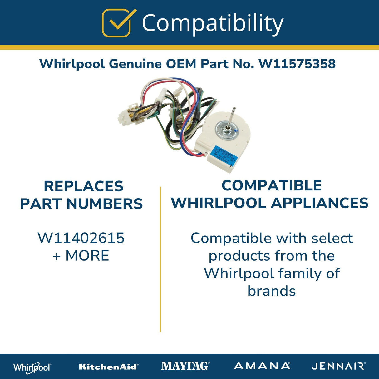 Whirlpool W11575358 OEM Refrigerator Evaporator Fan Motor, White