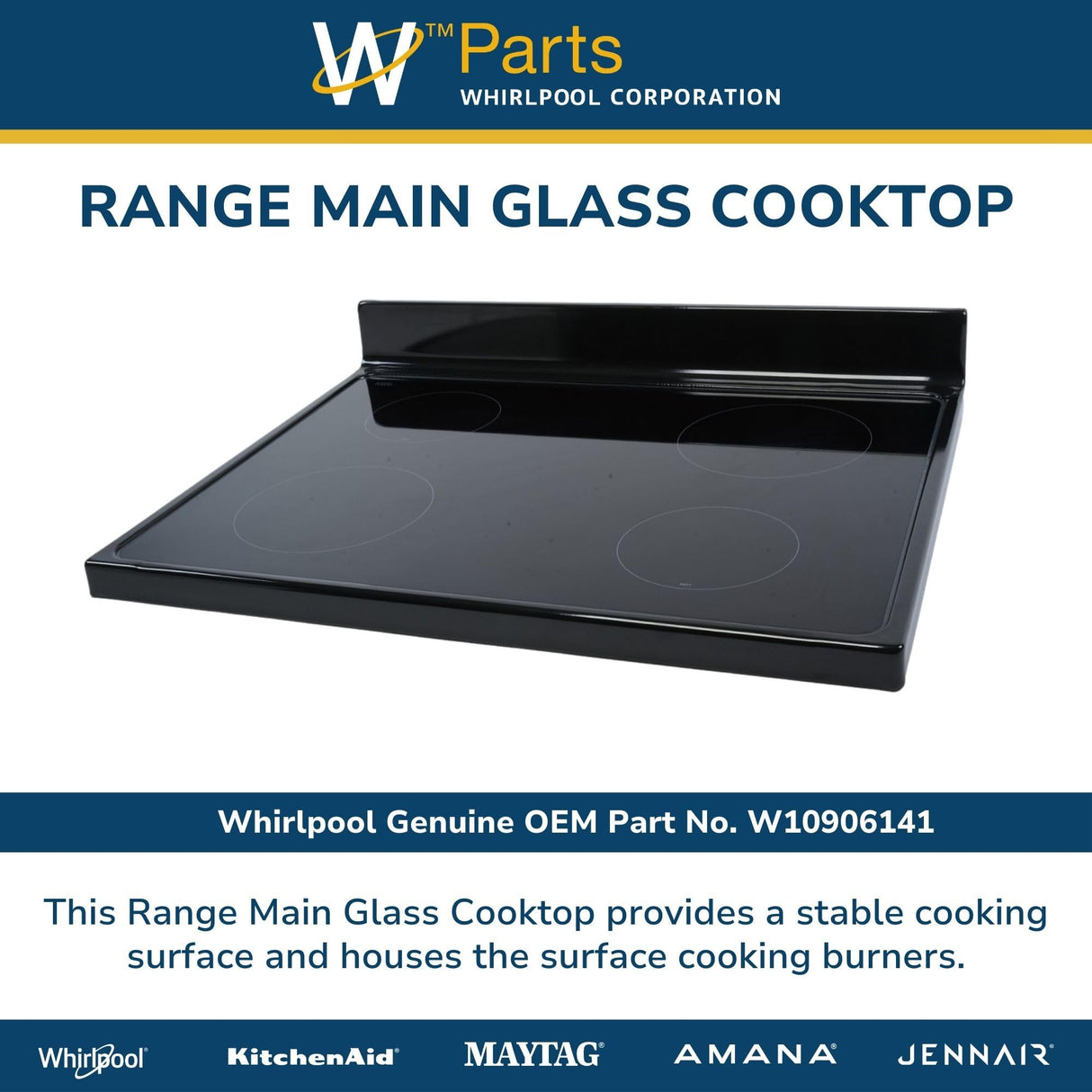 Whirlpool W10906141 Genuine OEM Range Main Glass Cooktop Replacement Part - Replaces W10853124