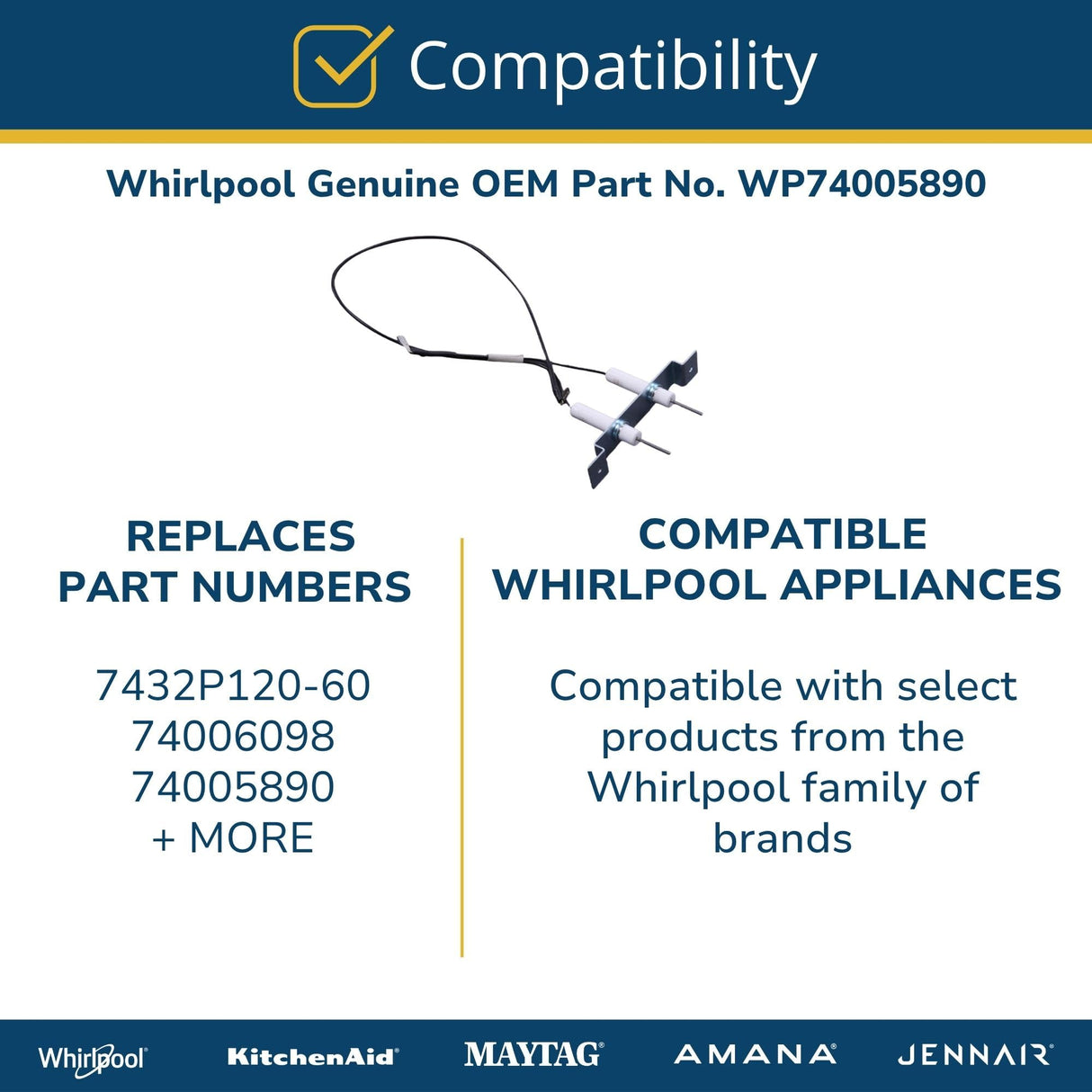 Whirlpool WP74005890 Genuine OEM Gas Range Surface Igniter Replacement Part - Replaces 7432P120-60, 74006098, and 74005890