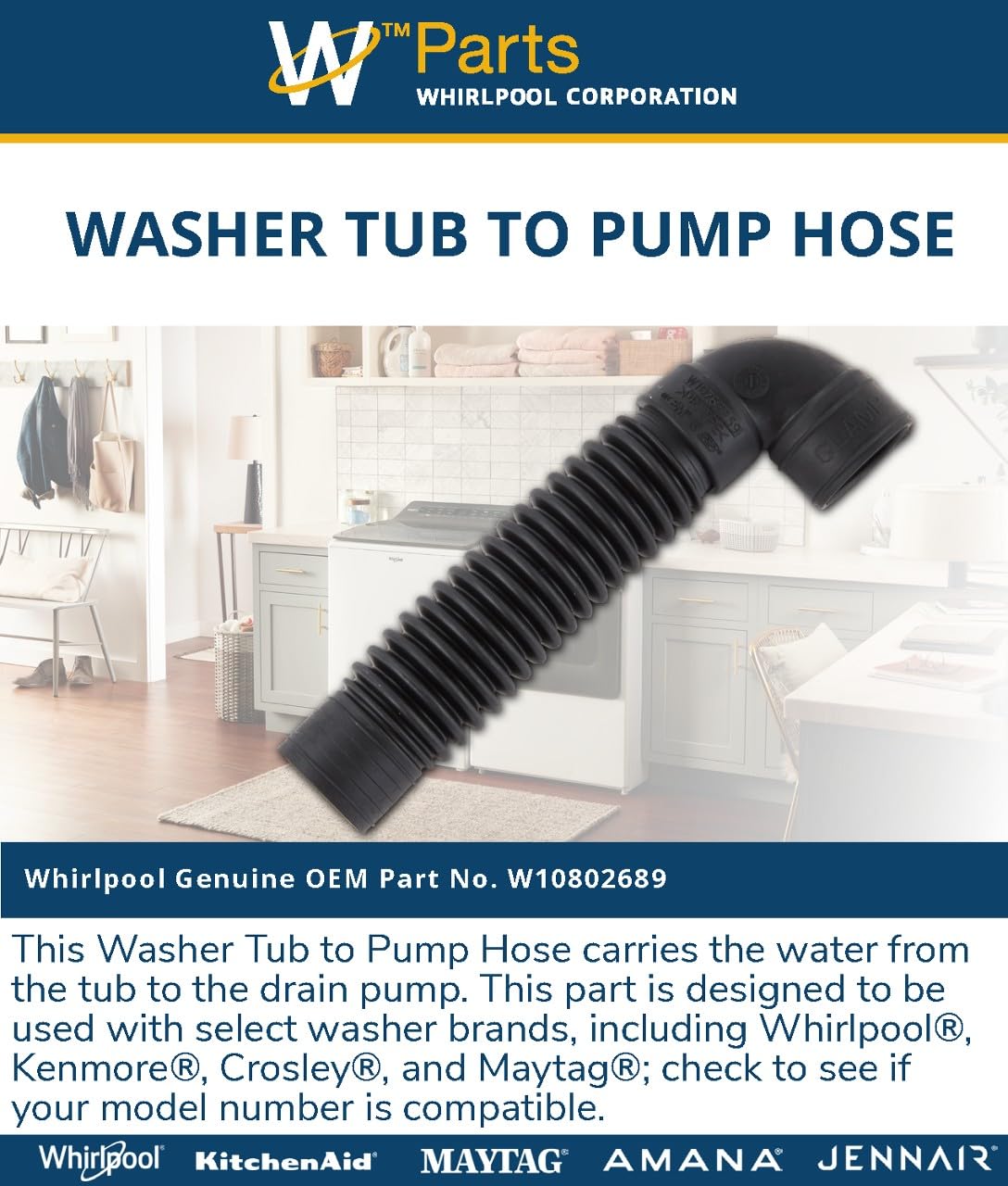 Whirlpool W10802689 Genuine OEM Washer Tub to Pump Hose