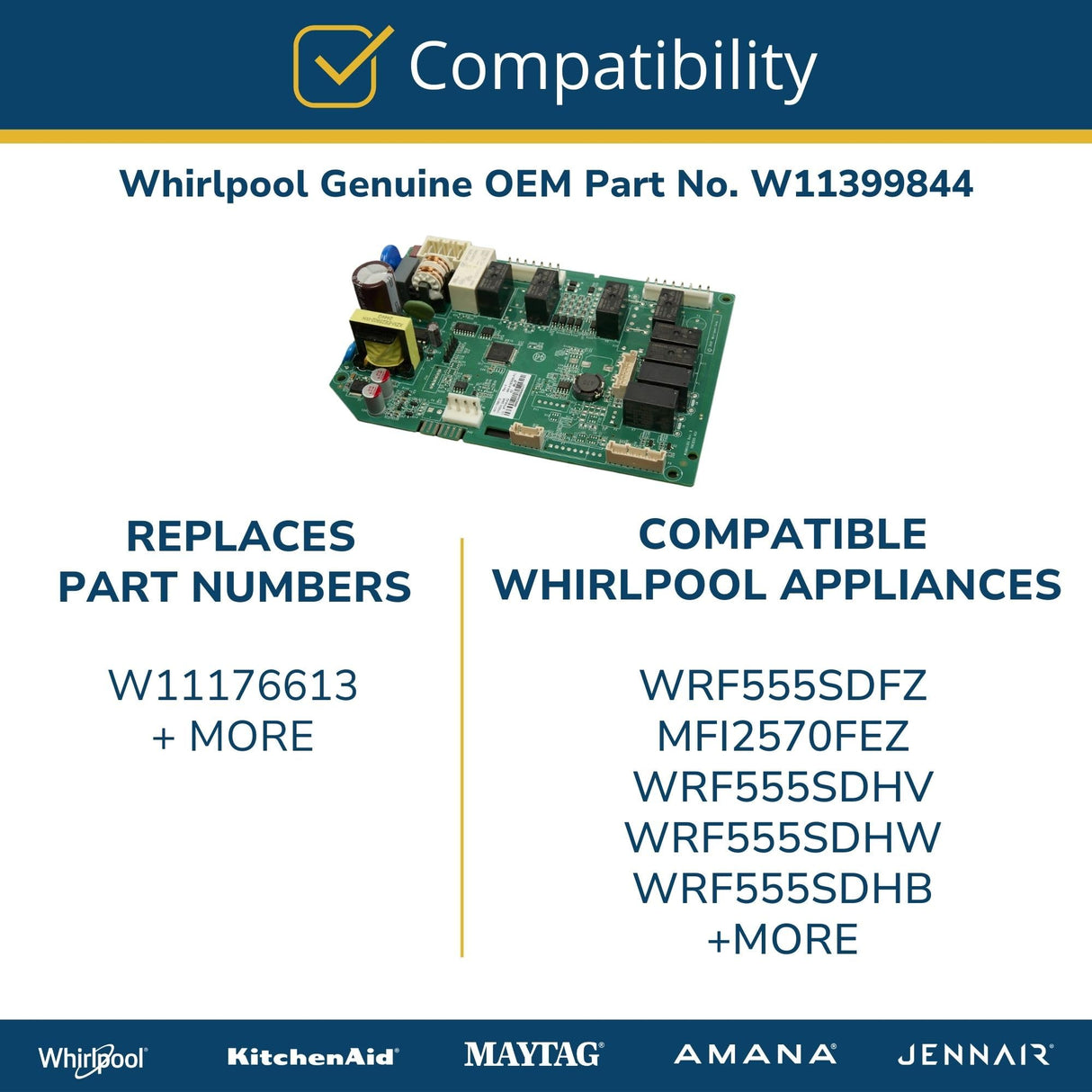 Whirlpool W11399844 Genuine OEM Refrigerator Electronic Control Board Replacement Part - Replaces W11176613