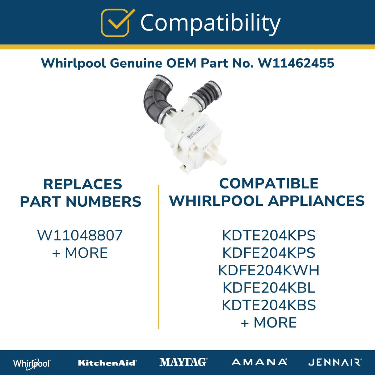 Whirlpool W11462455 Genuine OEM Dishwasher Circulation Pump