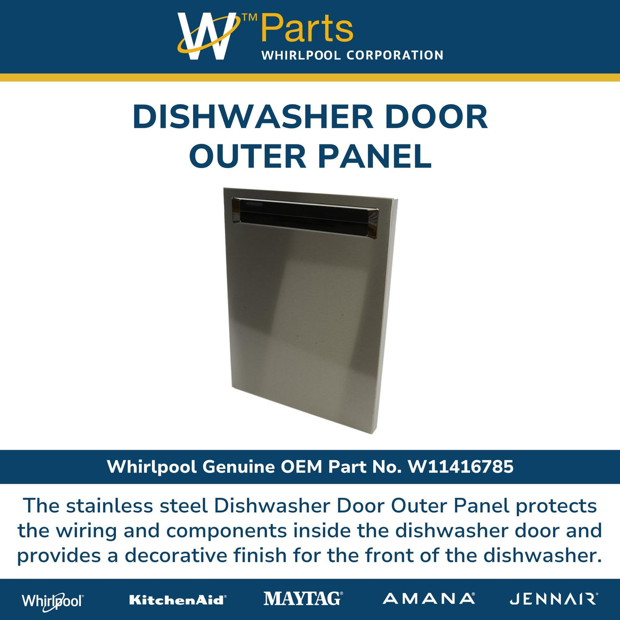 Whirlpool W11416785 Genuine OEM Dishwasher Door Outer Panel