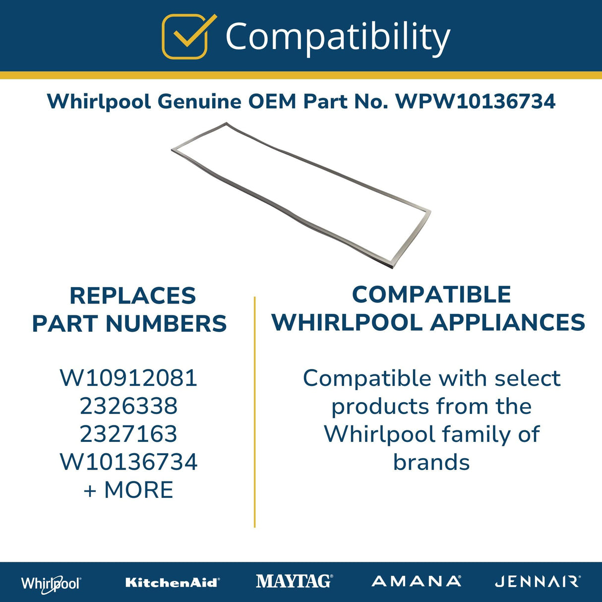 Whirlpool WPW10136734 Genuine OEM Refrigerator Door Gasket Replacement Part - Replaces W10912081, 2326338, 2327163, and W10136734